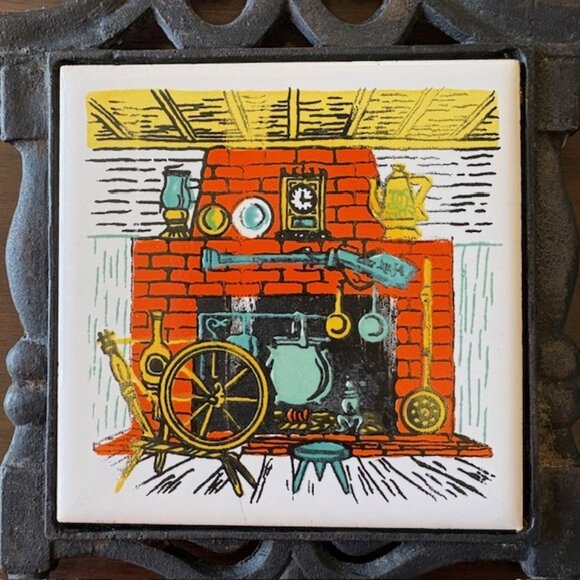 Vintage Cast Iron Trivet with Ceramic Tile - Picture 4 of 6